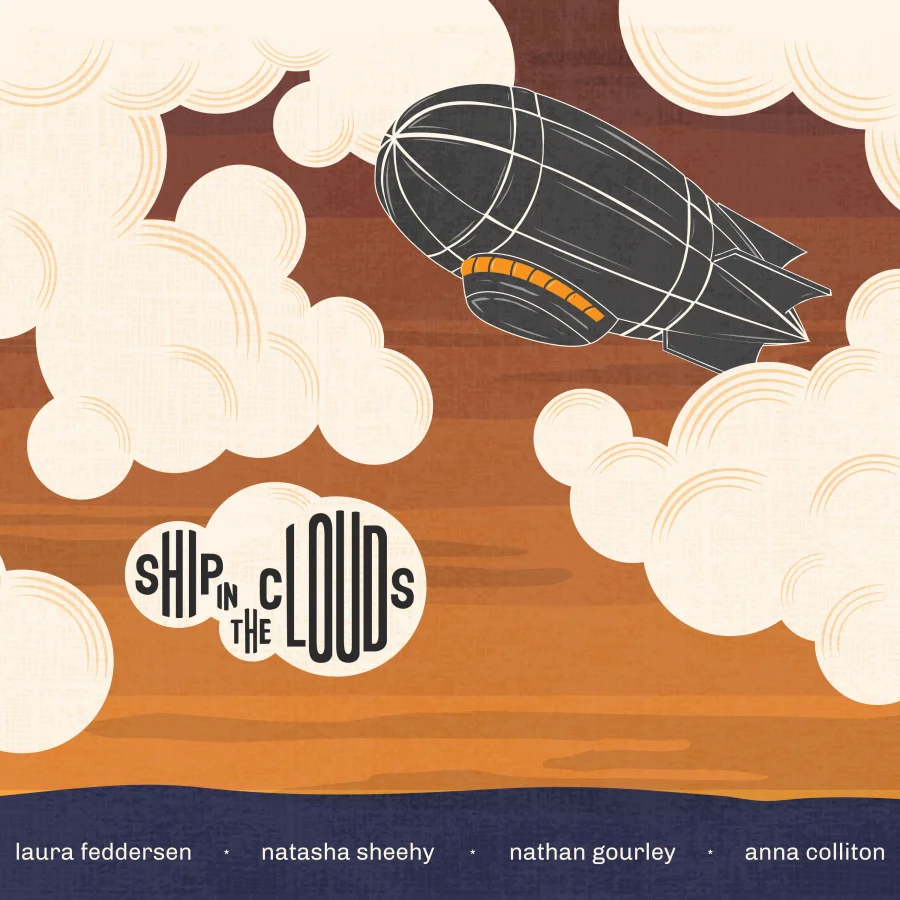 Ship in the Clouds album cover — an airship drifting through clouds at sunset, artwork by Anna Colliton